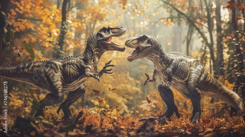 two tyranosaurs fighting in a jurassic forest  © urdialex