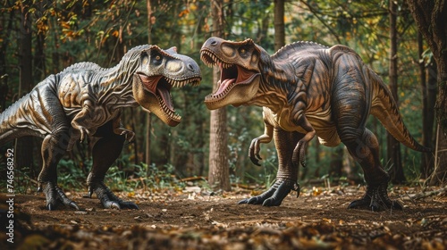 two tyranosaurs fighting in a jurassic forest 