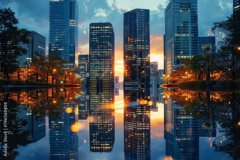 A stunning cityscape with skyscrapers reflecting the beautiful colors of the sunset in tranquil waters, symbolizing urban growth