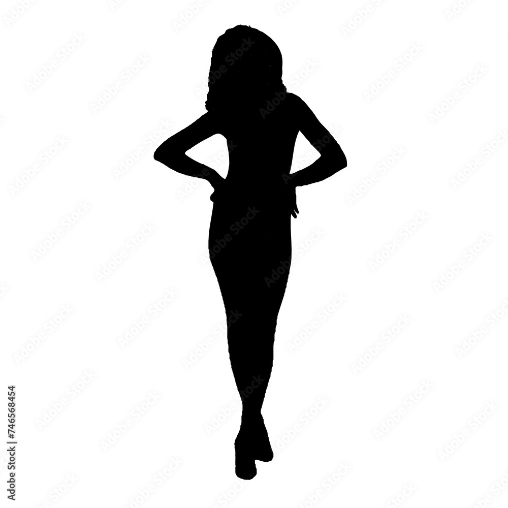 Full body silhouette of a beautiful woman is in style with a transparent background