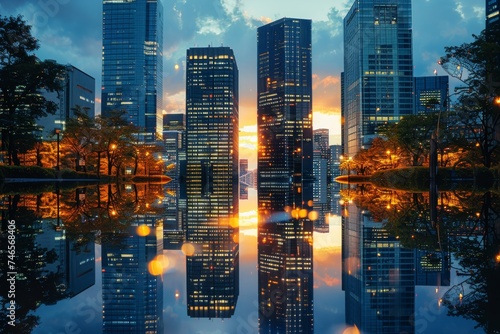 A stunning cityscape with skyscrapers reflecting the beautiful colors of the sunset in tranquil waters  symbolizing urban growth