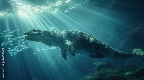 mosasaurus swimming underwater in the prehistoric sea photo