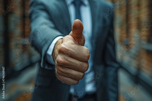 A close-up of a man in a business suit giving a thumb up gesture in an office hallway, representing approval or success