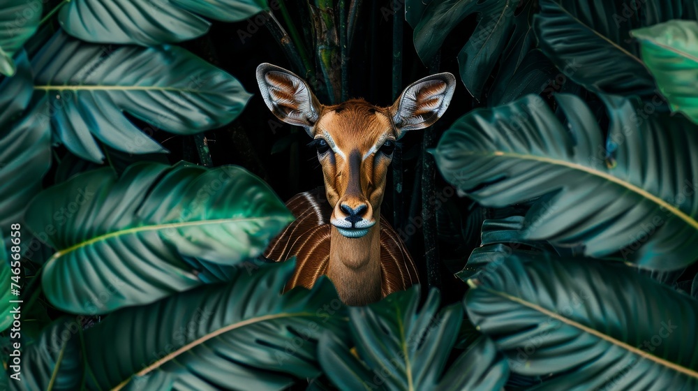 Impala in lush jungle, natural habitat, african wildlife, exotic greenery, wildlife exploration. - obrazy, fototapety, plakaty 