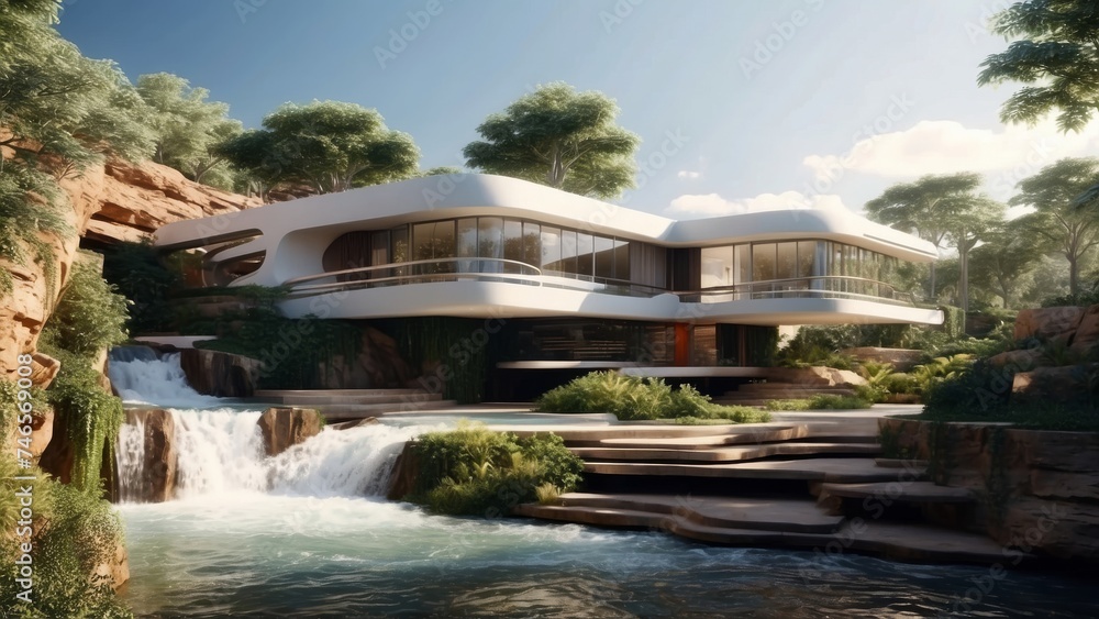 Modern-style house surrounded by nature. A cascading waterfall in a lush park with a winding river reflects the vibrant summer sky. create with ai