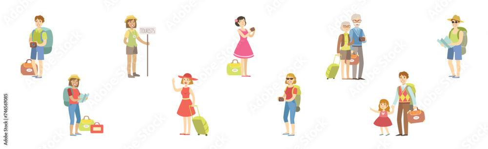 People Character Travel with Suitcases and Bags Vector Set People Character Travel with Suitcases and Bags Vector Set