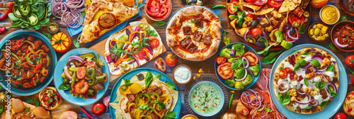 Assorted dishes on a wooden table spread - An array of international cuisines spread out on a wooden table  showcasing a variety of colors and textures