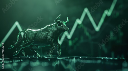 Bull Statue on Reflective Surface with Chart - A sleek bull statue stands on a reflective surface illuminated by a digital stock chart