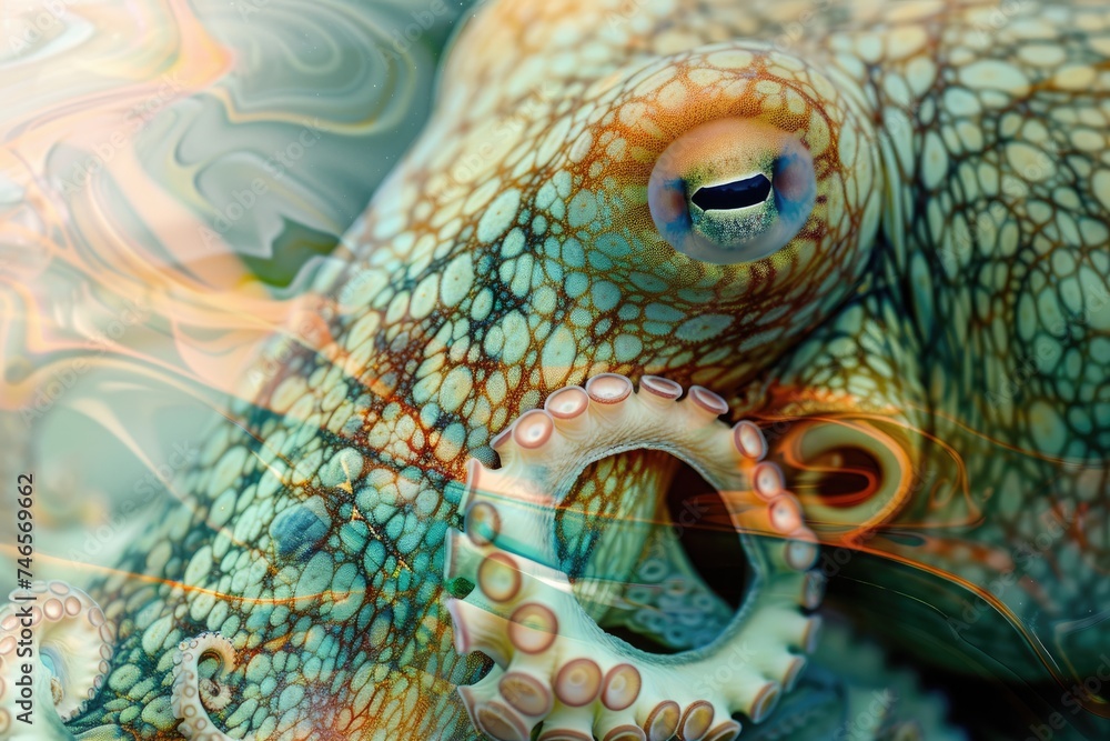 Fototapeta premium A close-up of an octopus overlaid with the swirling patterns of ocean currents in a double exposure