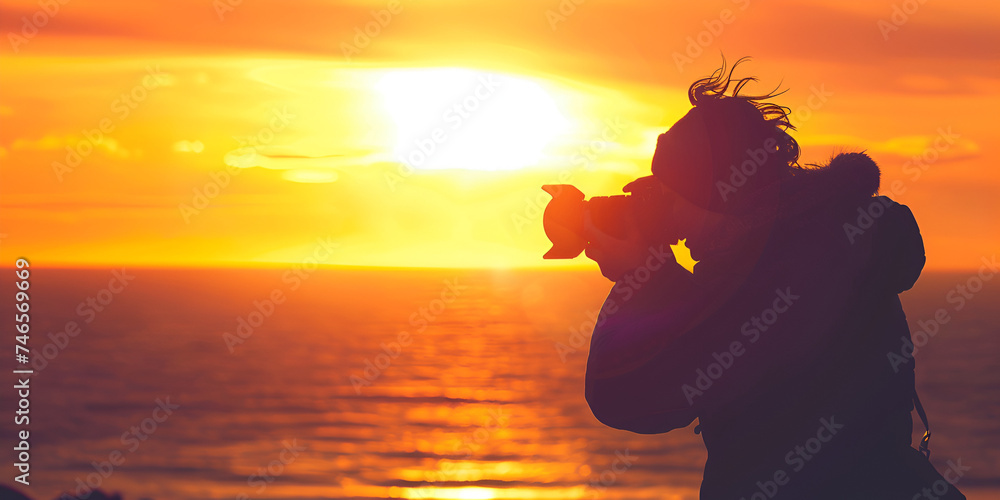 Silhouette of photographer with his equipment during sunset, World photography day illustration with photographer taking pictures,