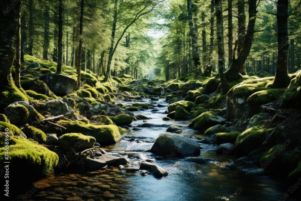 Stream Flowing Through Lush Green Forest Generative AI Stream Flowing Through Lush Green Forest Generative AI