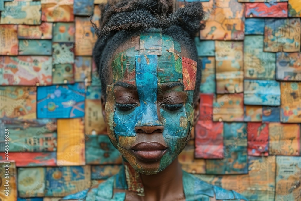 A woman's face painted with colorful patterns reflecting cultural diversity and artistic expression