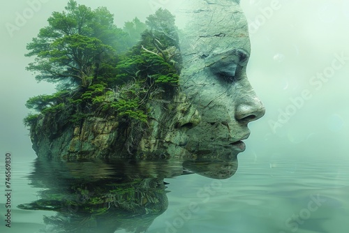 An ethereal image showcasing a lush forested island perfectly mirrored in the serene waters of a calm lake © svastix