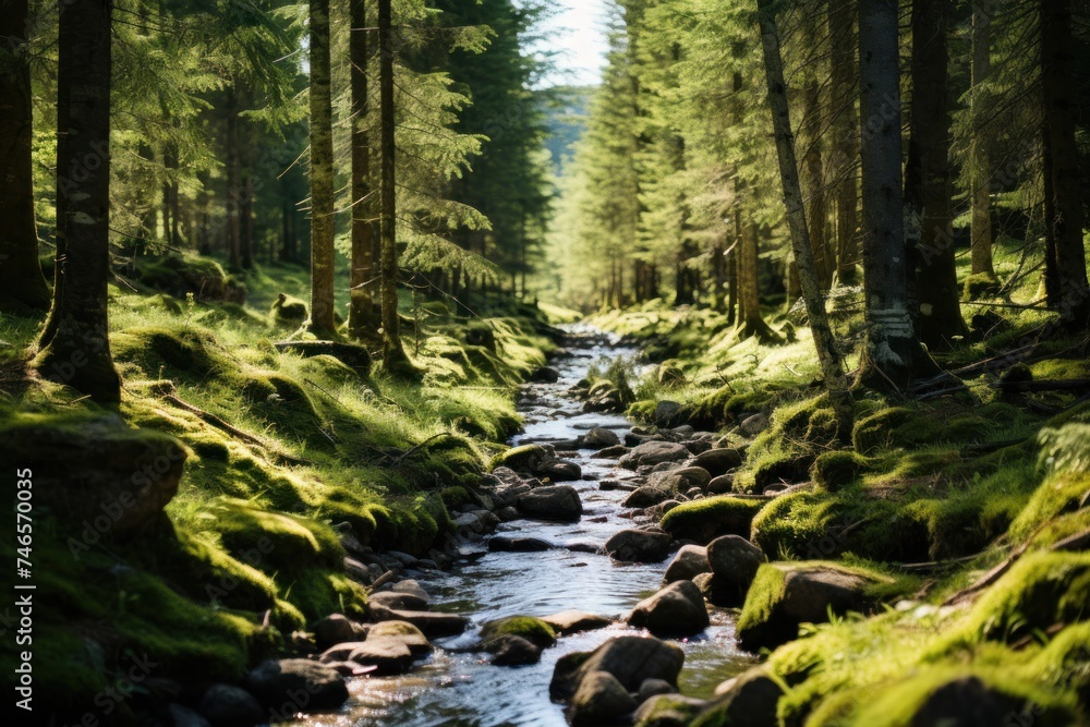 Stream Flowing Through Lush Green Forest Generative AI