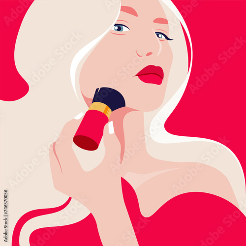 Beautiful woman holding brush powdering face. Makeup and beauty procedures. Fashion vector illustration in flat style