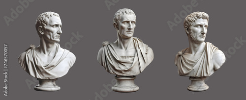 Busts of Roman patricians on a gray background. Marble sculpture of ancient generals and senators.	 photo