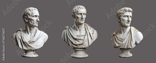 Busts of Roman patricians on a gray background. Marble sculpture of ancient generals and senators.	