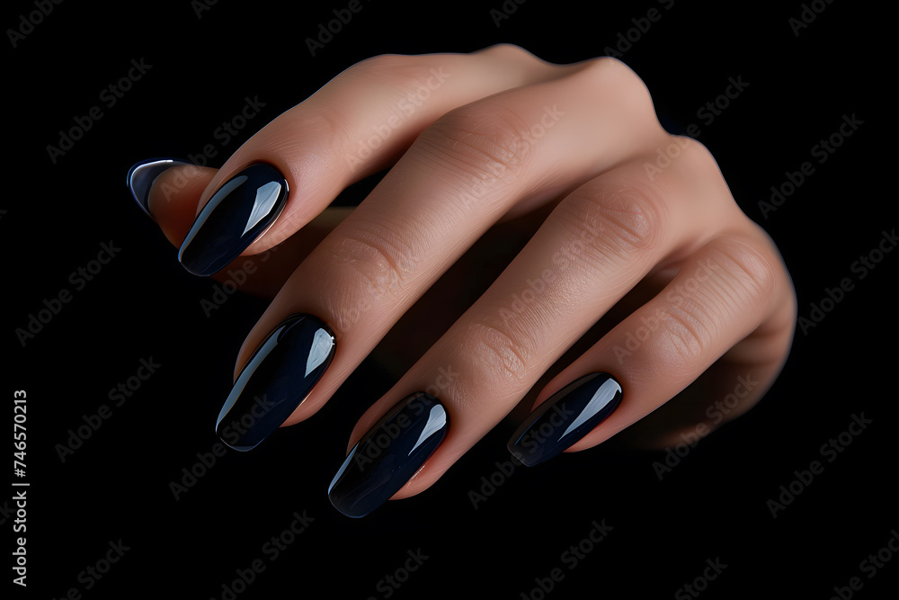 Perfect manicure nails with dark blue nail polish isolated on dark background Perfect manicure nails with dark blue nail polish isolated on dark background