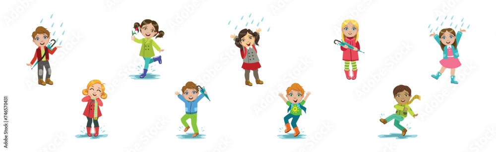 Cute Kids in Autumn at Rainy Day in Coat with Umbrella Vector Set