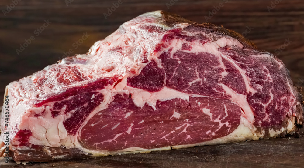 Beef steak raw meat close up on wooden board. Cooking beef steak slice for restaurant, menu, advert for package, selective focus