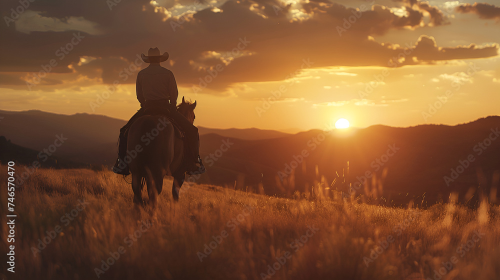 Sunset silhouette of Cowboy Rider in forest wilderness