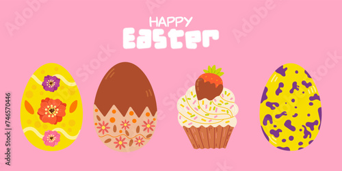 Cute Easter card set. Spring collection of animals  colorful Easter eggs and decorations. For poster  card  scrapbooking   stickers