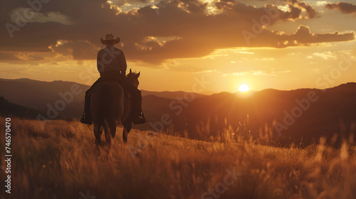 Sunset silhouette of Cowboy Rider in forest wilderness © m