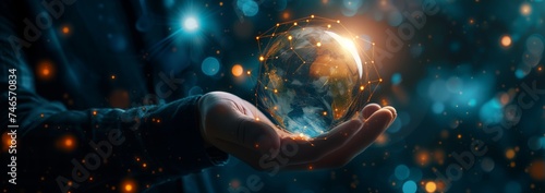 Businessman holds a glowing globe in his hands. Business innovation concept.