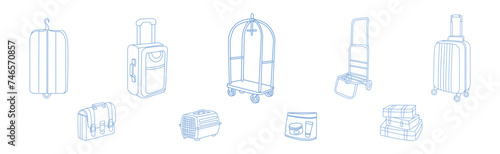 Luggage Bag and Baggage as Pack Tourism Object Line Vector Set