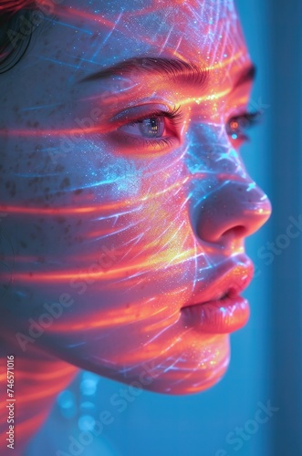 Abstract woman glowing face digital painting illustration. Fashionable futuristic colorful portrait. Bright contemporary minimal, modern trendy print. For poster, cover, wallpaper