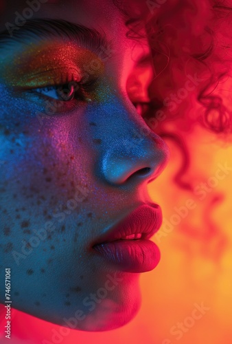 Abstract woman glowing face digital painting illustration. Fashionable futuristic colorful portrait. Bright contemporary minimal, modern trendy print. For poster, cover, wallpaper