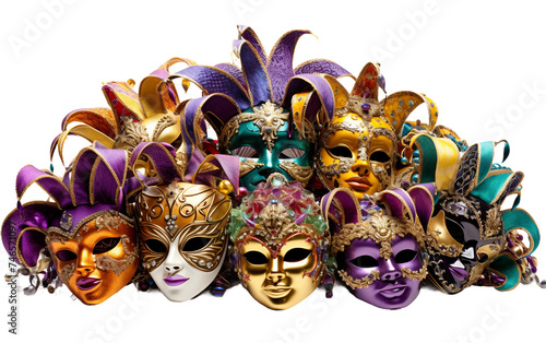 Decorative Mardi Gras Masks Artfully Arranged in Display Isolated on Transparent Background PNG.