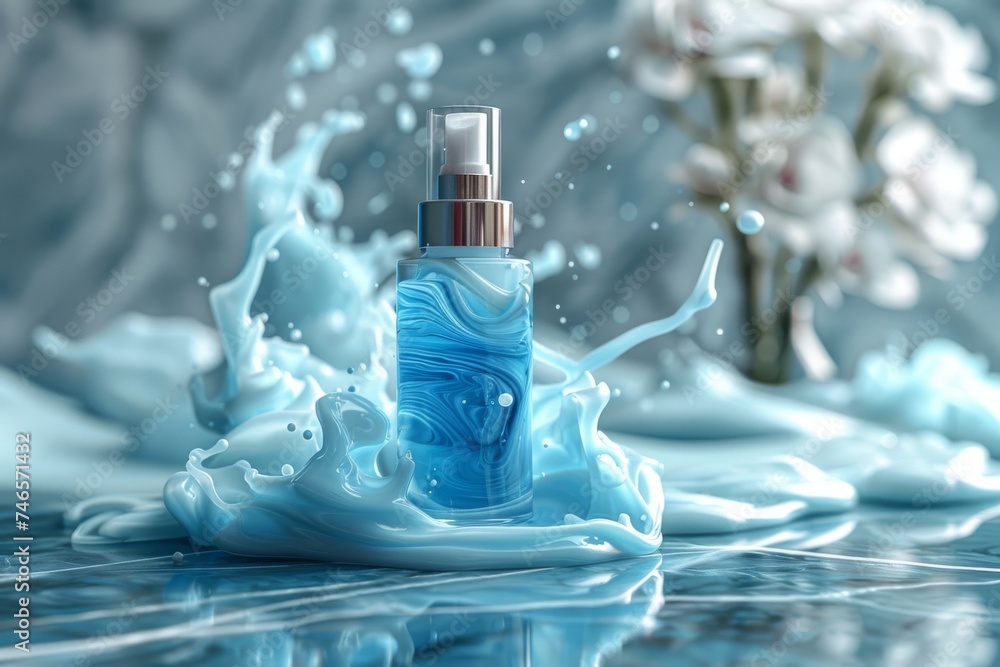 Obraz premium Facial nail growth serum skin care cream. Skincare treatment products: plant lotion, skincare moisturiser gel, oil, pipette with hydration mask serum and fresh jar pot