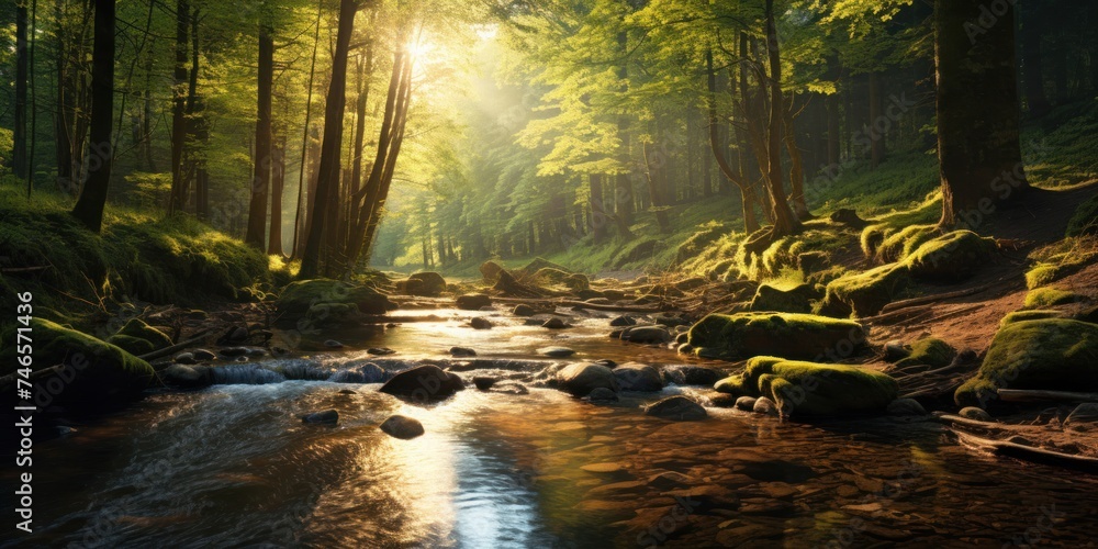 Stream Flowing Through Lush Green Forest Generative AI - obrazy, fototapety, plakaty 