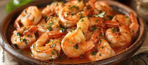 A detailed view of a bowl filled with savory shrimp cooked in a tangy lemon sauce, creating a burst of flavors and textures.