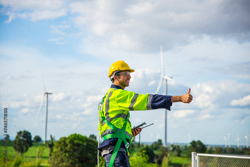 Wind turbine Engineer working in wind turbine farm , Generator station, renewable energy , Sustainable energy industry concept
