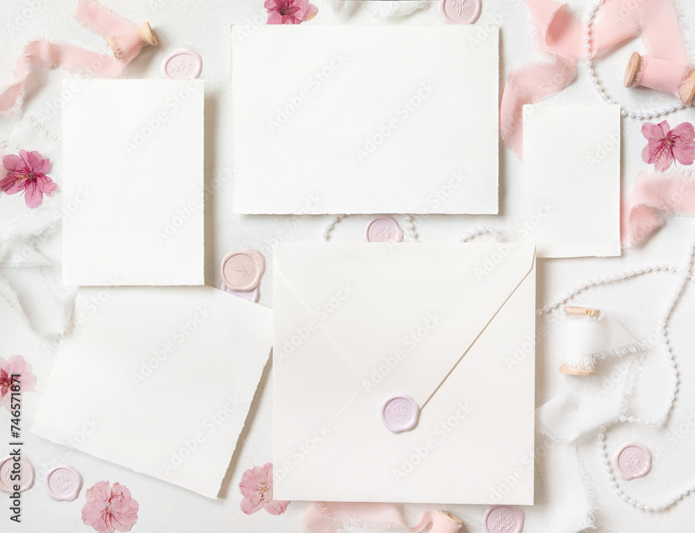 Cards and envelope near pink decorations, seals and ribbons on white table top view, wedding mockup Cards and envelope near pink decorations, seals and ribbons on white table top view, wedding mockup