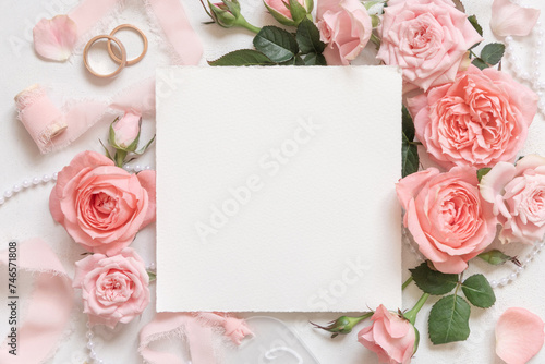 Square card near pink roses, wedding rings and silk ribbons top view, wedding mockup © katrinshine
