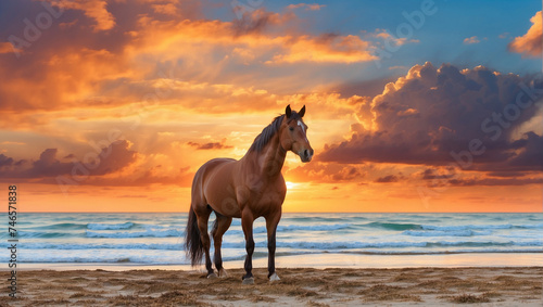 horse on the beach at sunset © woodbe