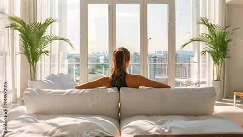Rear view of woman relaxing on sofa at home and looking outside through the window. Buying or renting apartment of dream. Mortgage, home loan concept photo
