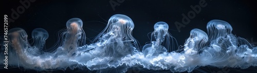 depths of the ocean, amidst the azure expanse, graceful jellyfish drift like ethereal dancers, their translucent bodies aglow with otherworldly hues