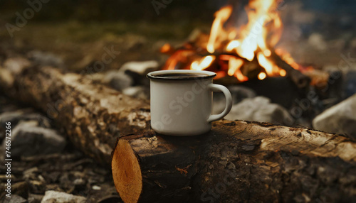 Enamel cup of hot coffee on old log by outdoor campfire. Cooking hot drink in nature camping