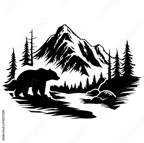 bear in forest with mountain vector illustration
