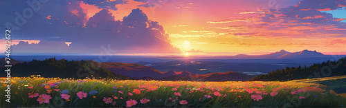 sunset over the mountains . static illustration . 