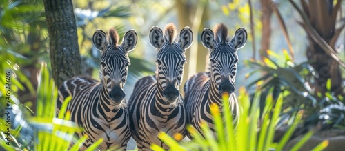 A group of zebras, characterized by their black and white striped coats, are standing closely next to each other in a natural enclosure at Ukumari Biopark. The zebras are known for their social photo