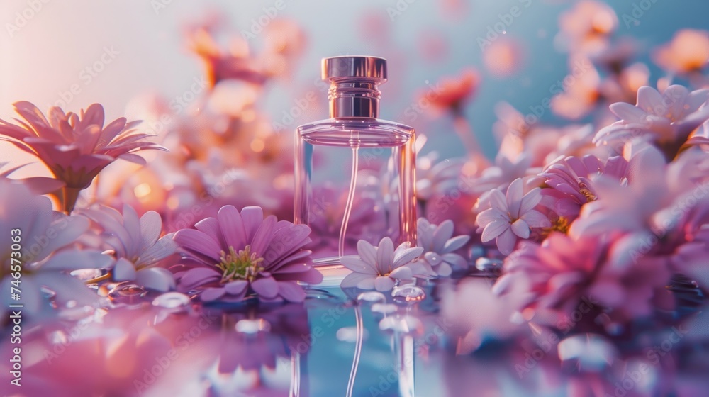 Fresh aroma. Idea of sweet pure smell of flowers for girls. Place for text. Empty perfume bottle mockup for cosmetic branding. Open bottle of perfume with flowers, drops of water composition. Fresh aroma. Idea of sweet pure smell of flowers for girls. Place for text. Empty perfume bottle mockup for cosmetic branding. Open bottle of perfume with flowers, drops of water composition.