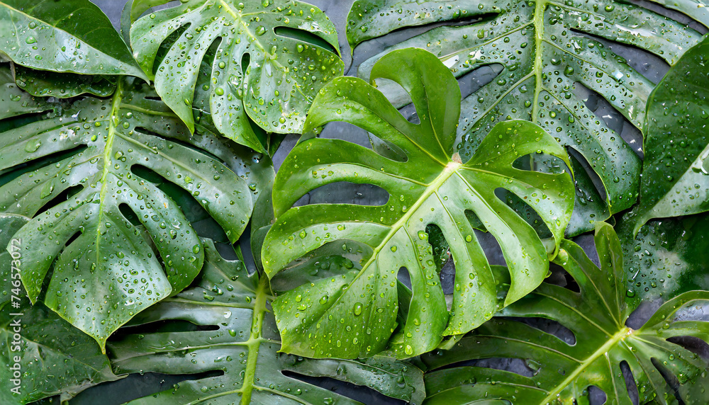 Green monstera leaves with water drops. Spring or summer season. Flat lay Green monstera leaves with water drops. Spring or summer season. Flat lay