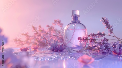 Fresh aroma. Idea of sweet pure smell of flowers for girls. Place for text. Empty perfume bottle mockup for cosmetic branding. Open bottle of perfume with flowers, drops of water composition.