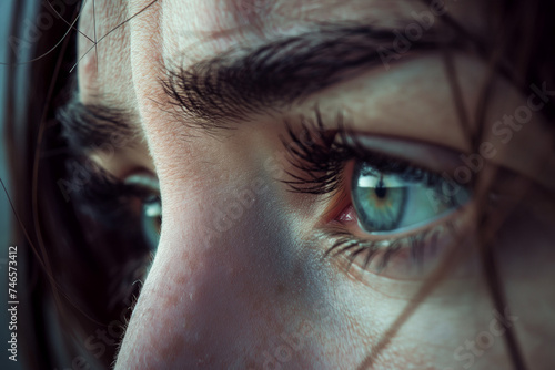 Close-up of a woman's face, tears glistening in her eyes, a single tear rolling down her cheek, capturing a moment of profound sadness and vulnerability