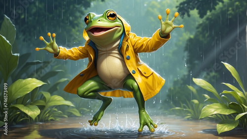 a frog in a yellow raincoat jumps through puddles in the rain